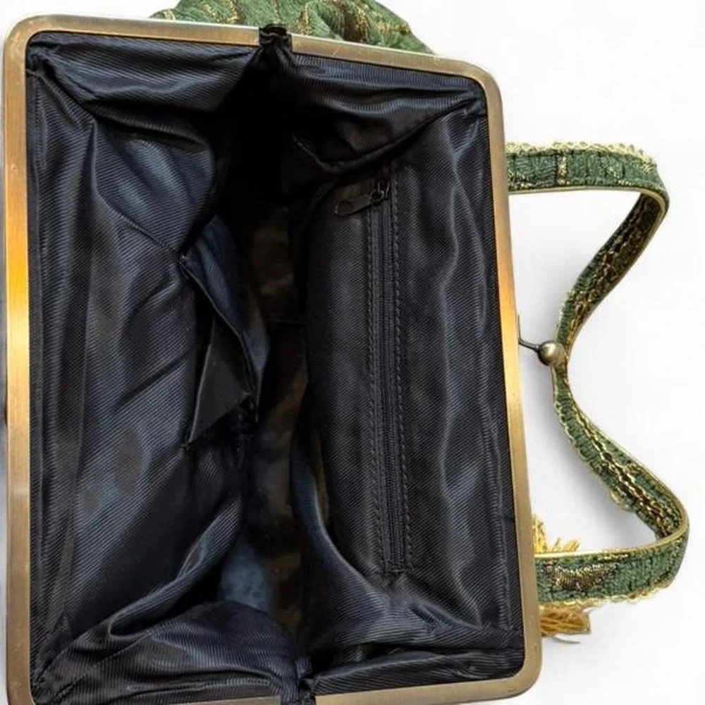 Vintage‎ Inspired Green Floral Tapestry Embellished Handbag